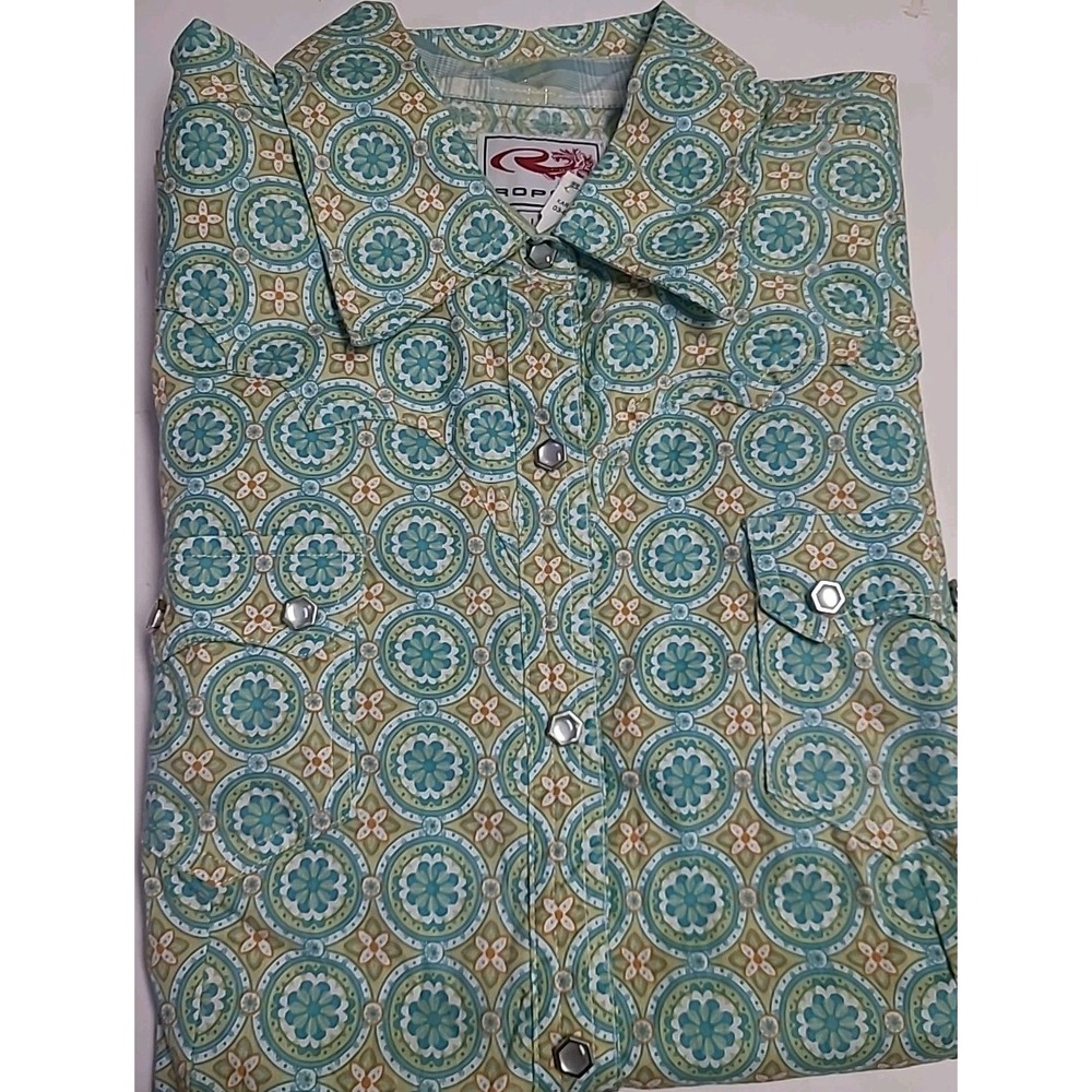 Roper button-up‎ teal flower design western snap button shirt Women's size L Nwt